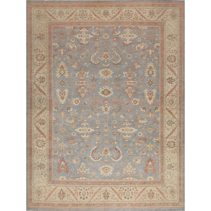 Tapis bleu et beige noué à la main de haute qualité