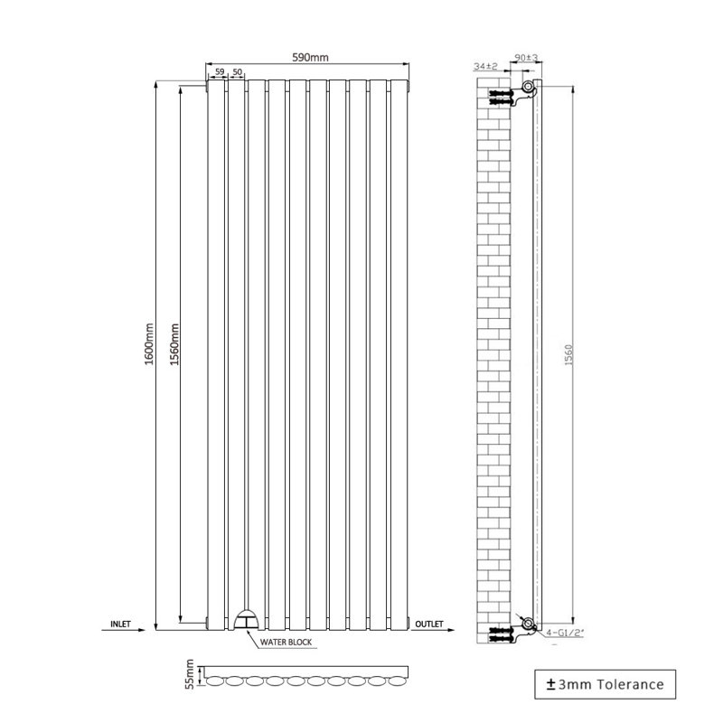 Shoshana Vertical Oval Panel Radiator, Anthracite, 160cm H x 59cm W, 1