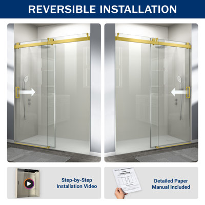 56"-60" W x 76" H Frameless Shower Door Soft-closing Single Sliding Tempered Glass with Explosion-proof Coating, Gold