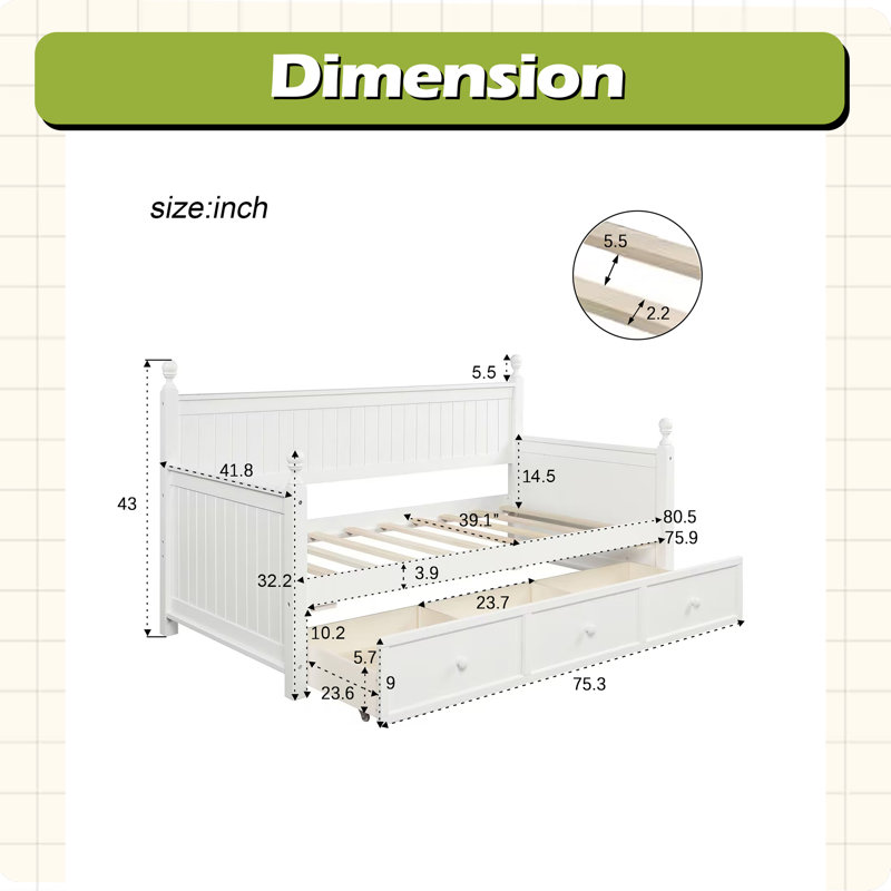 Lit de jour en bois avec trois tiroirs, lit de jour simple, aucun sommier nécessaire