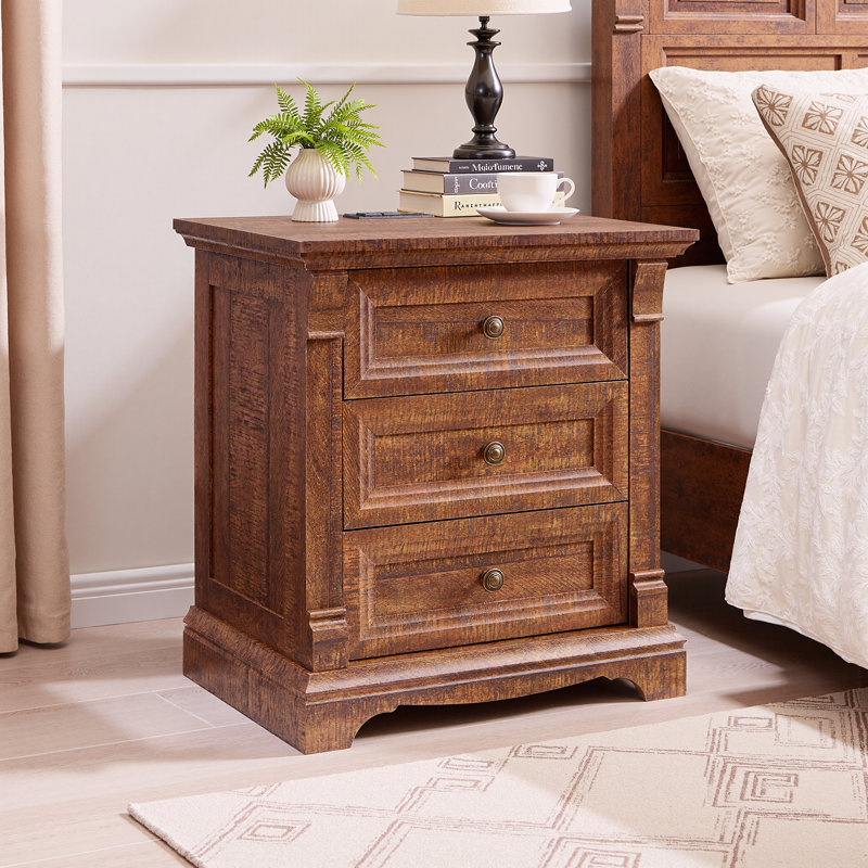 24" Farmhouse Nightstand With Charging Station With 3 Drawers Storage, Wood Side Table,End Table, Brown