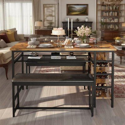 Kitchen Dining Table Set For 4, 3 Piece Bar Table Set With 2 Benches And 6 Open Storage Shelves, Bar Table And Chairs Set, Pub Table Set For Small Space, Kitchen, Black