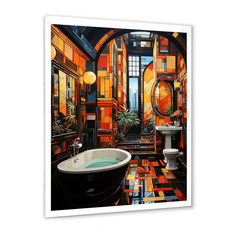 Lilamae Bathroom Art Deco Glam - Impression sur toile encadrée pour salle de bain, Cadre simple blanc