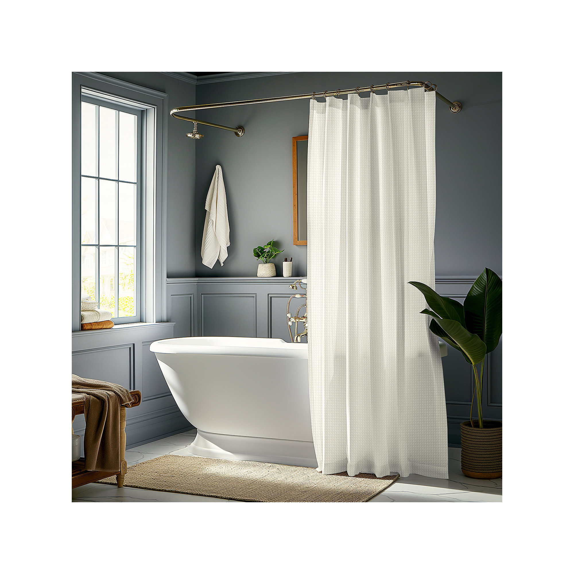 Modern Waffle Shower Curtains with Hooks Included, 71 Inches Long (1 Panel), Off White