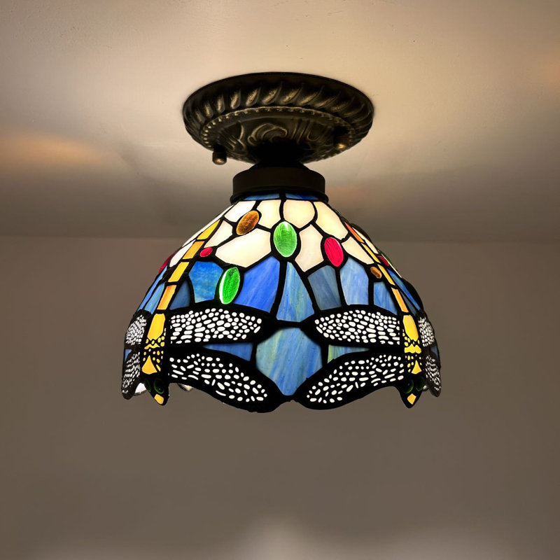 Ventilateur de plafond en forme de bol en bronze à 1 lumière 8 po, Jaune / bleu