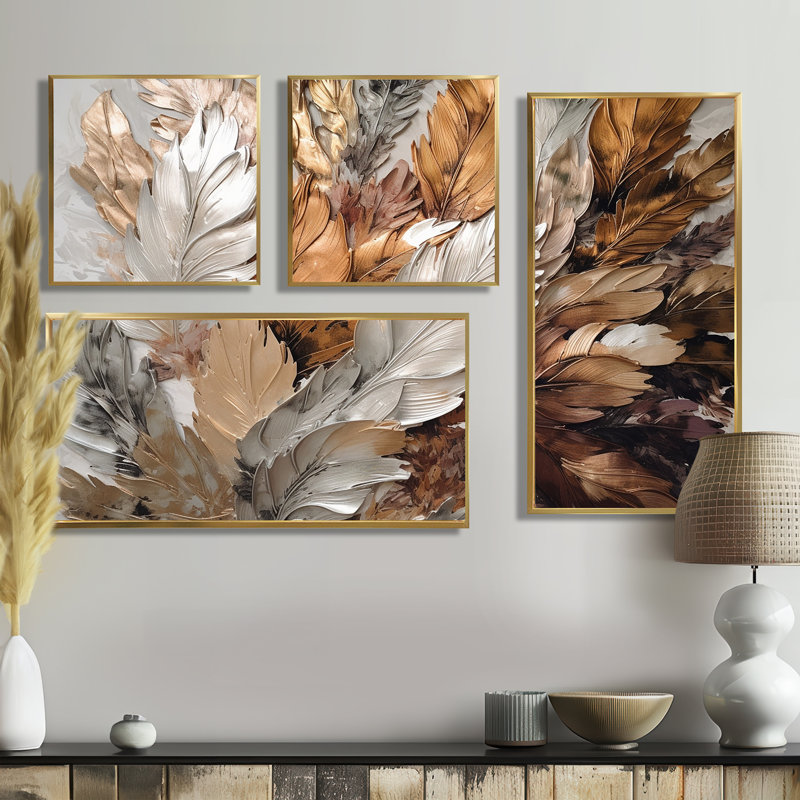 «Feather Extravaganza IV - Floral Glam Feather», reproduction d'art sur toile 4 pièces, Doré