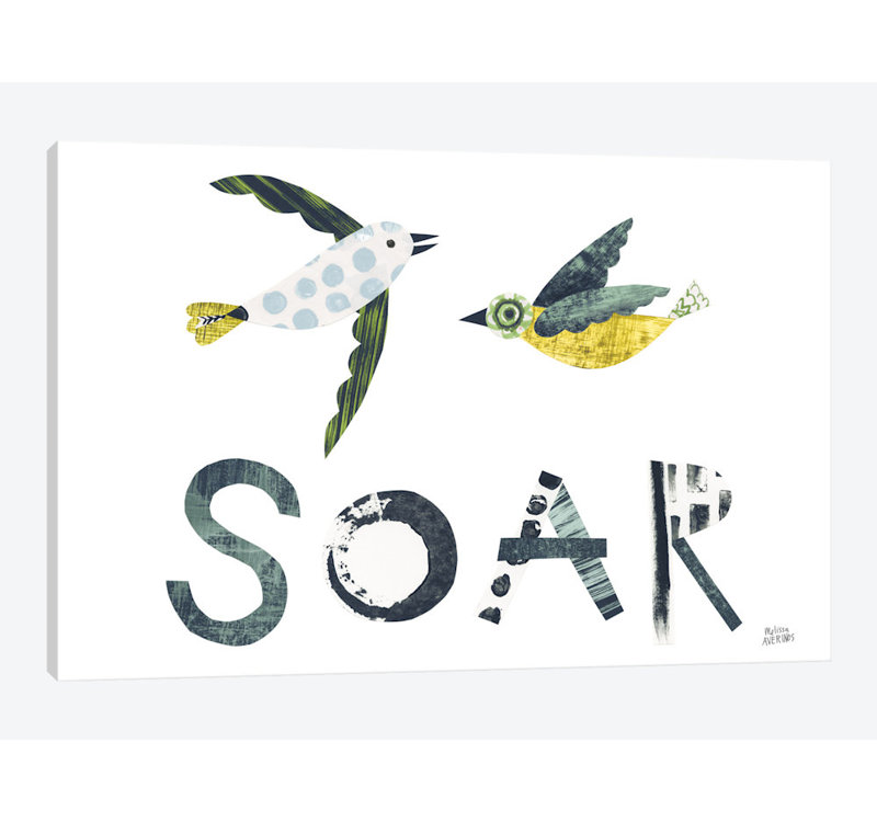 « oiseau words iv », art sur toile, H 16 po x l 24 po x P 1 po, Papier d'art encadré noir, Blanc