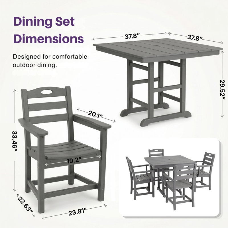 5-Piece Outdoor Patio HDPE Dining Set, Square Table With 4 Armchairs, Gray