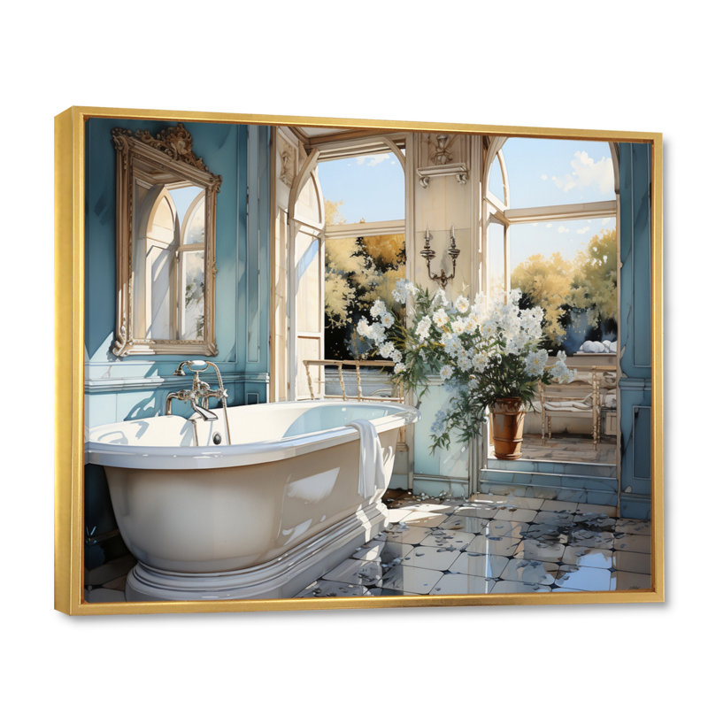 Bathroom Bathroom Reflections Of I - Impression sur toile encadrée, Cadre flottant doré, H 30 po x l 40 po x P 1,5 po