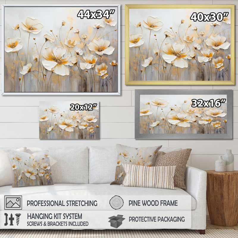 «White Buttercups On Beige Simplicity I», reproduction d'art sur toile, Cadre naturel flottant, H 24 po x l 32 po