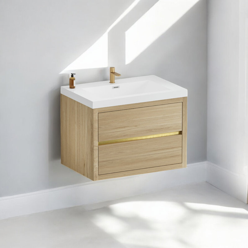 Meuble-lavabo mural simple 30 po avec plateau en résine Kaushal, Chêne naturel