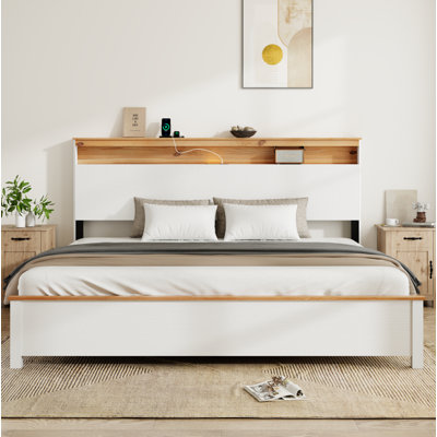 King bedstead with charging station all wood bed frame: this rustic farmhouse bed frame with storage headboard and built-in charging station is easy to install and operate, classic white