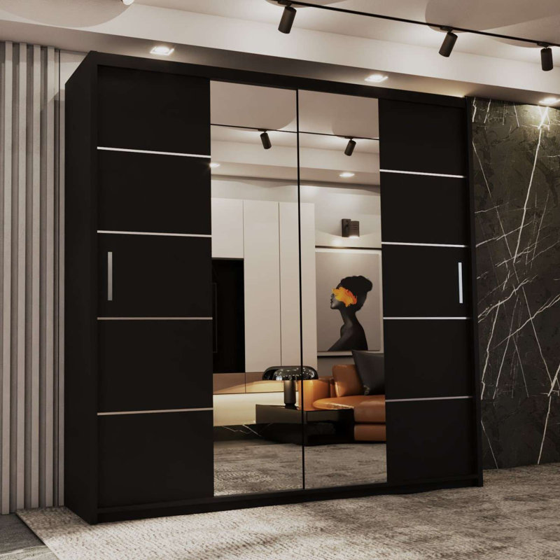 Burgues 2 Door Laminate Wardrobe, 217cm H x 150cm W x 62cm D, Matte Black