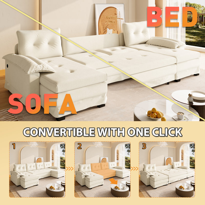 104.7" Full-Size Convertible Sofa Bed Pull-Out Sleeper Sofa U-Shaped Sofa & Chaise with Removable Armrest And USB Port