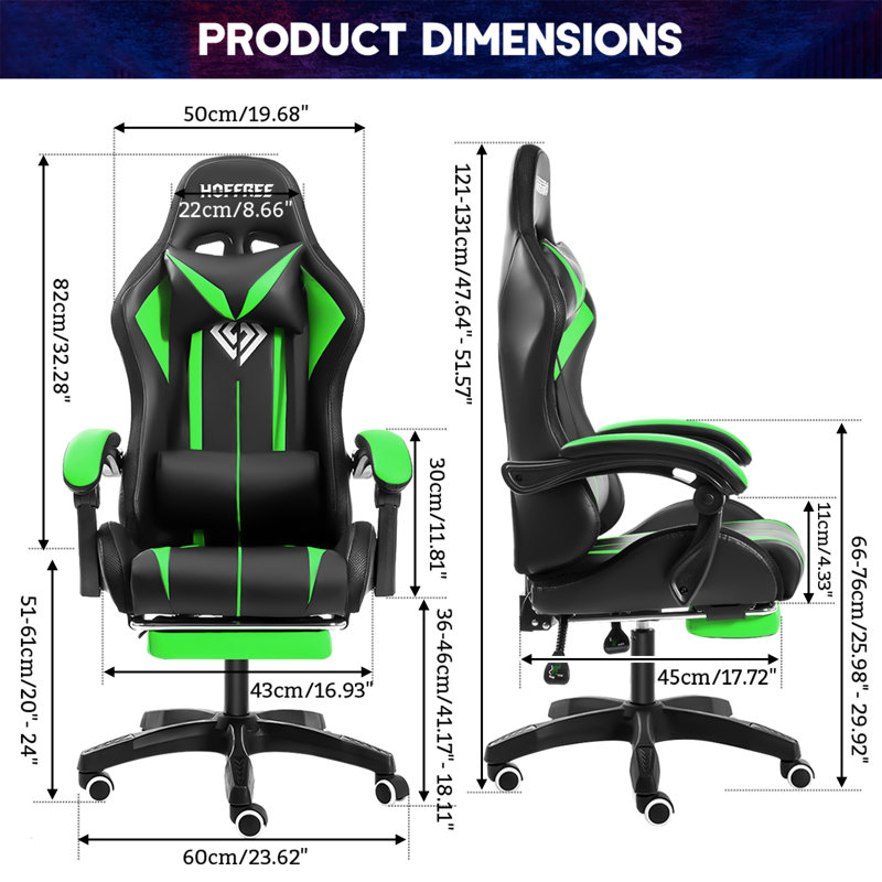 Hoffree Reclining Ergonomic PC & Racing Game Chair with LED Lights & Massage Lumbar Pillow, Green/Black