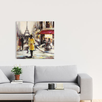 Yellow Building Canvas - Yellow Coat Woman Street Art Decor