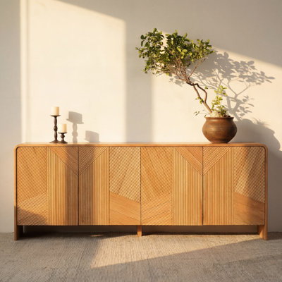 Vista 84" Oak Sideboard Buffet Cabinet with Textured Slat Front, Contemporary Storage Credenza – Natural