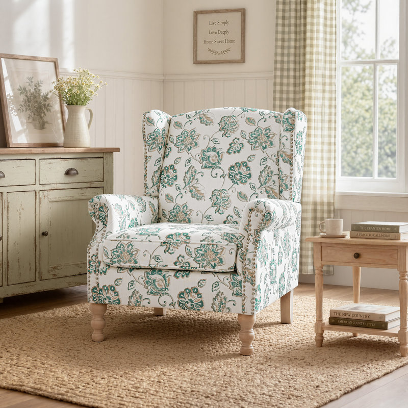 Chloris Extra Wide Wingback Accent Chair, Linen Upholstered Armchair with Nailhead Rivet Trim, Solid Turned Wood Legs, Farmhouse Reading Chair for Living Room Bedroom