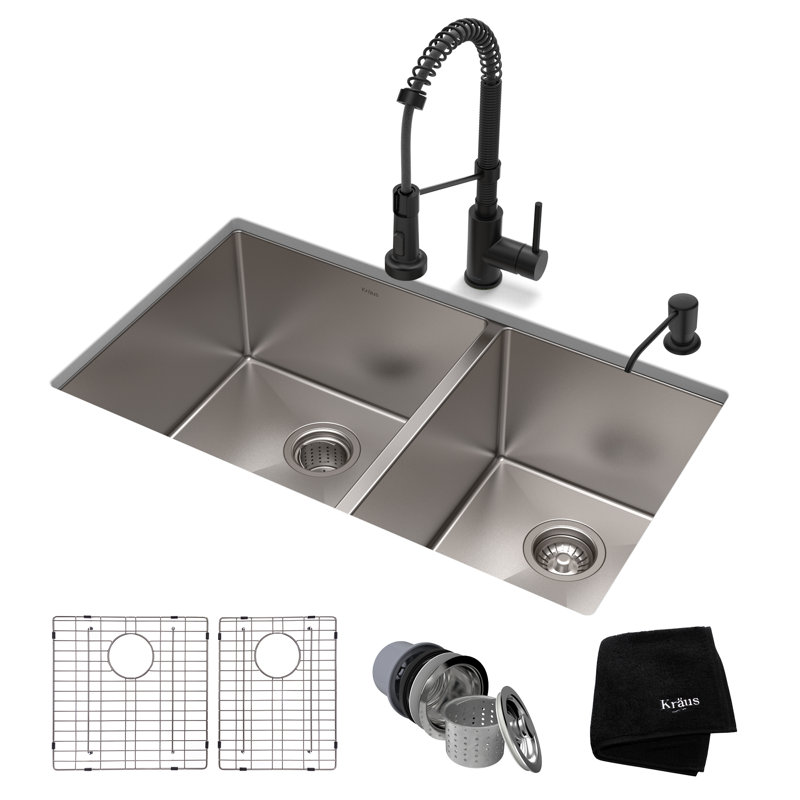 Standart PRO™ 33" L x 19" W Double Basin Undermount Kitchen Sink with Faucet, Matte Black