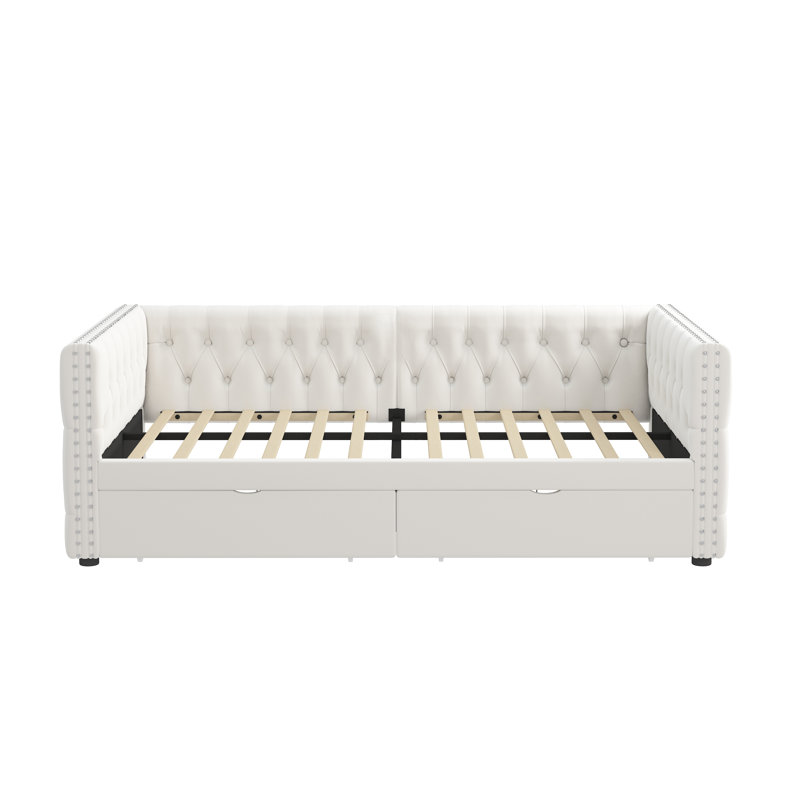 Lit de jour simple avec tiroirs, canapé-lit capitonné, avec bouton sur le dos et clou en cuivre sur les accoudoirs ondulés, velours