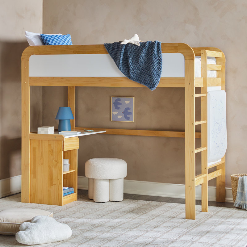 Arihaan Contemporary Solid Wood Twin Loft Bed with Desk, Natural Pine