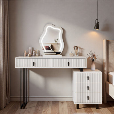 Fluted Makeup Vanity With Cloud Led Mirror, Adjustable Length, Vanity Desk With Reversible Side Cabinet