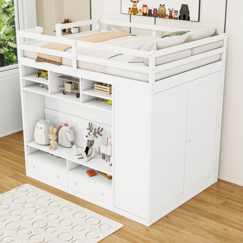 Lit mezzanine double en bois avec lumière, 2 tiroirs, tablettes de rangement et garde-robe, Blanc