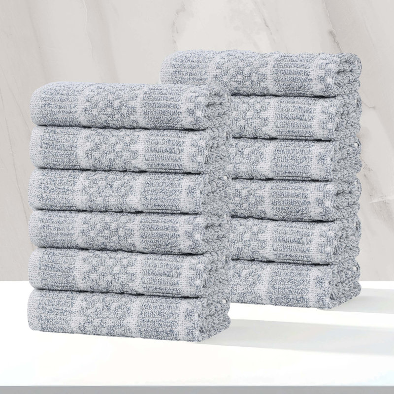 Naples Viscose Cotton Blend Medium Weight Textured Checkered and Ribbed Face Towels Washcloths, Denim Blue