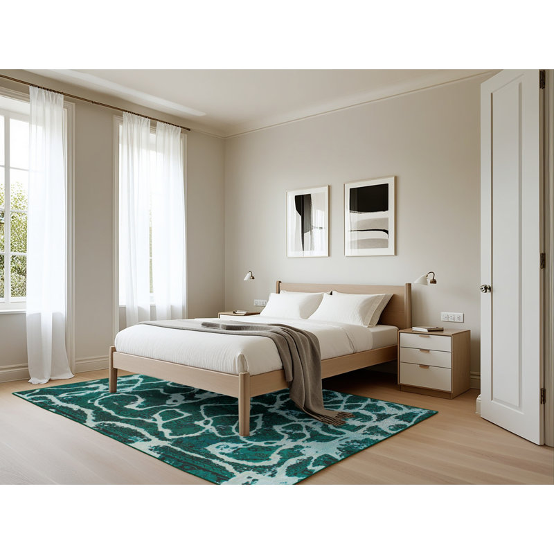 Tapis abstrait bleu sarcelle Ajim, Rectangle 5 pi x 7 pi