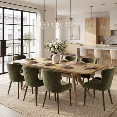 Ensemble de salle à manger extensible 9 pièces en placage de bois avec chaises à oreilles en chenille