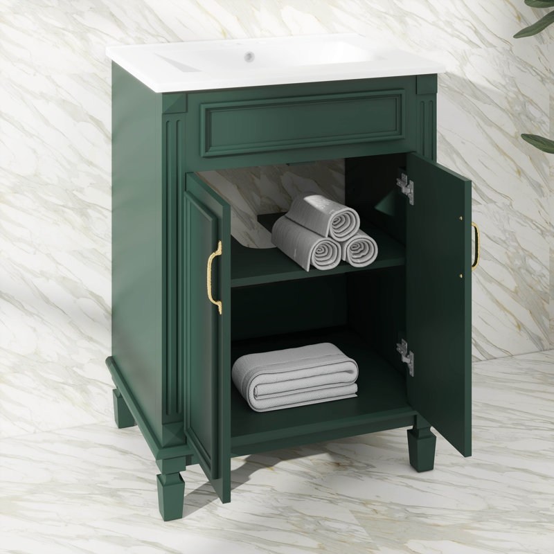 Meuble-lavabo 24 po avec lavabo, meuble-lavabo moderne avec armoire de rangement à 2 niveaux, Vert, Doré