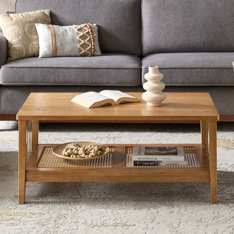 Wimberly 40"W Mid-Century Modern Coffee Table With Rattan Bottom Storage Shelf, Natural
