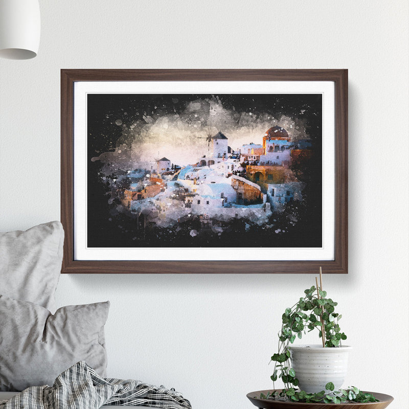 Oia Santorini Skyline in Greece - Picture Frame Graphic Art Print, 45cm H x 63cm W x 2cm D, Walnut Framed