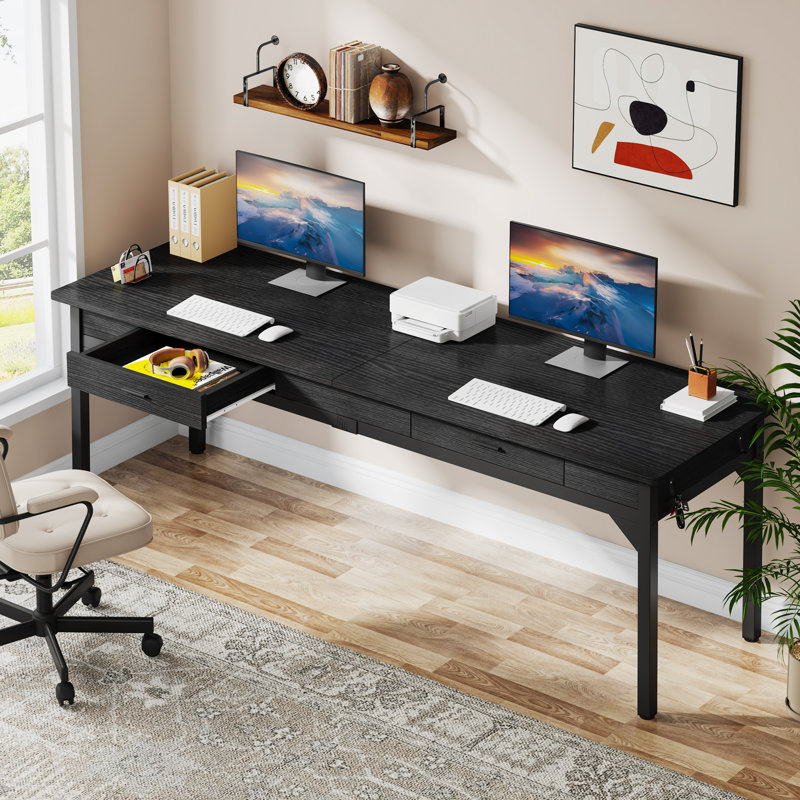Black Engineered Wood Double Desk with Drawers