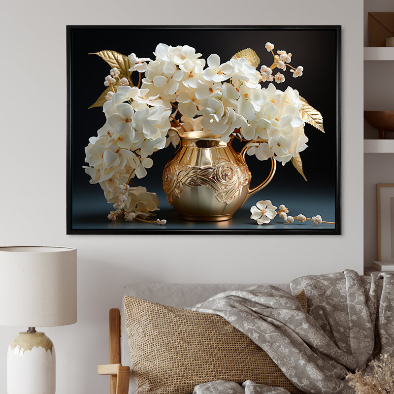«Baroque Hydrangea» blanc et or V - Hydrangea, reproduction d'art sur toile encadrée, Cadre flottant noir