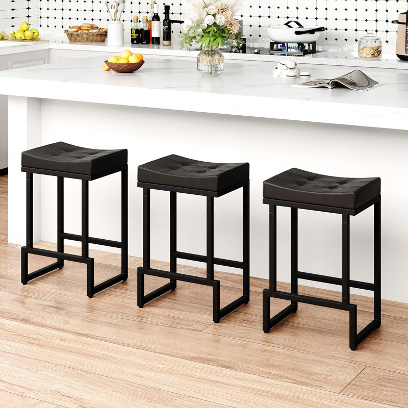 Upholstered Counter Stool with Metal Frame & Footrest, Backless Saddle Seat Counter Height Bar Stools, 3, Black