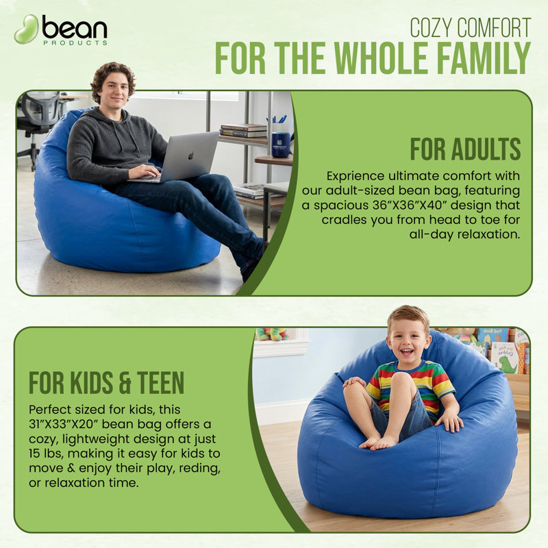 Bean Bag Chair - w/Polystyrene Beads and CertiPUR Foam Filled Waterproof Chair for Adults and Teens, 40"H x 36"W x 36"D