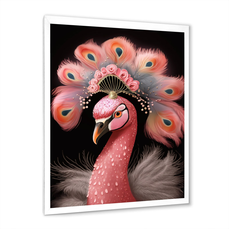 Flamant rose avec couronne rose, H 32 po x l 24 po x P 1 po, Cadre simple blanc