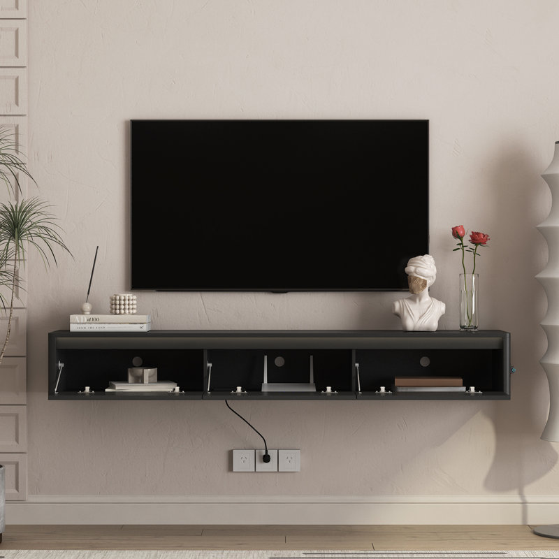 Meuble télé moderne flottant, panneau de fibres à densité moyenne noir brillant avec lumières DEL pour le salon