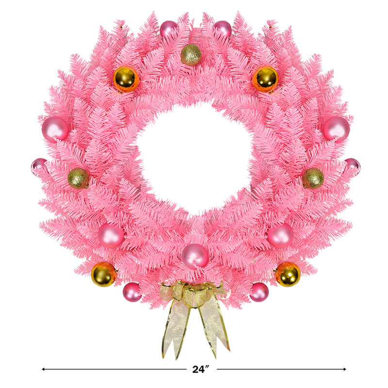 L’allée des fêtes® couronne de Noël artificielle rose 24 po avec boules décoratives dorées