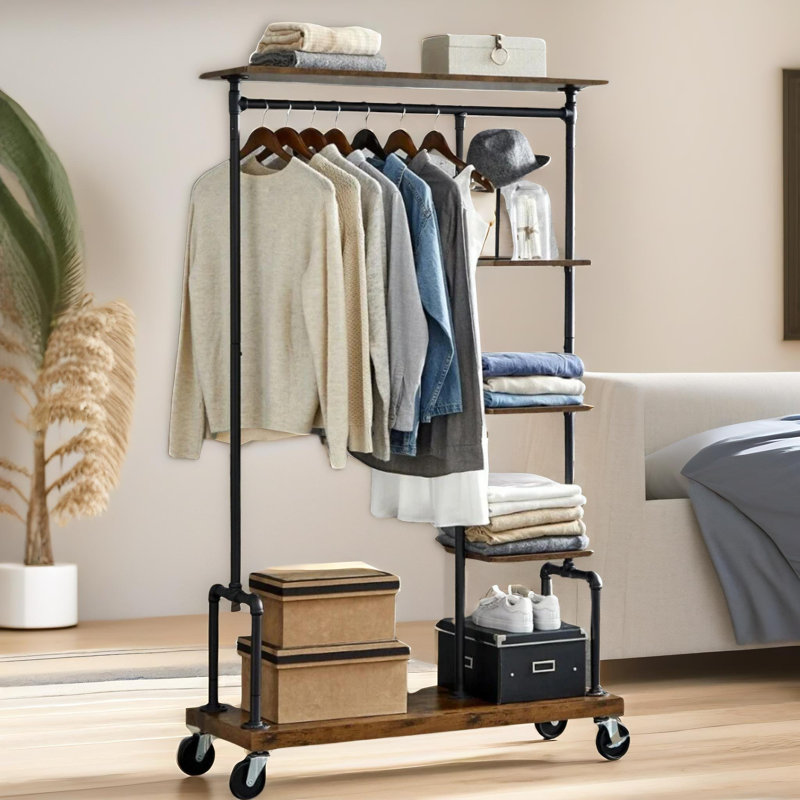 Rustic Industrial 103.5cm Clothes Rack, Garment Rail, Clothes Organiser with Wheels
