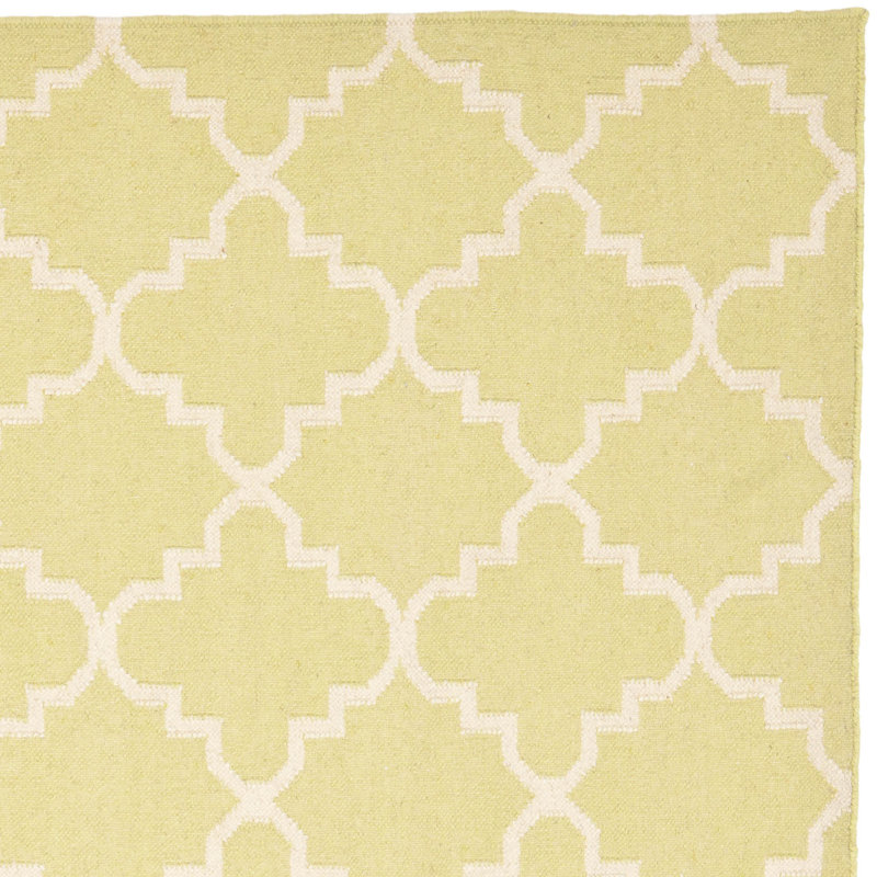 Estevez Hand Woven Flat Weave Wool/Cotton Geometric Rug in Ivory/Light Green, Square 6'