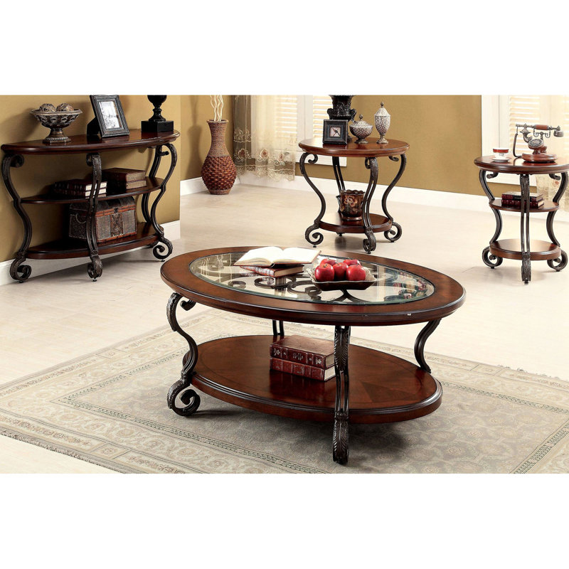 Table basse ovale contemporaine avec mélange de salon en bois et métal