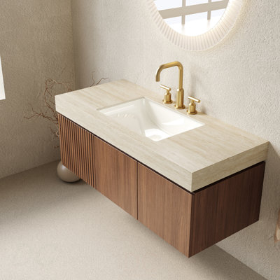 Ensemble de meuble-lavabo et lavabo 48 po, armoire de rangement flottante en contreplaqué avec tiroir et portes, comptoir en pierre frittée Roma Travertine et lavabo en céramique avec 3 trous de robinet pré-percés, pré-assemblé