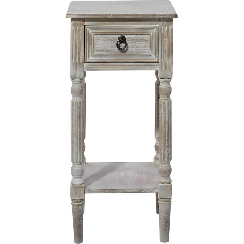 Rustic Farmhouse Wood Side Table With Drawer And Shelf, Pine And MDF Construction, Distressed White Finish