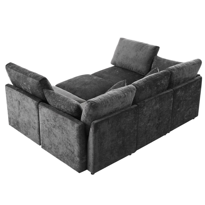 Canapé d'angle modulaire en forme de U ou de L de 220 cm (86,6 po) avec ports de chargement, noir, chenille douce, mousse haute densité, deux coussins décoratifs, repose-pieds amovible, assise confortable en chenille, structure, coussins amovibles