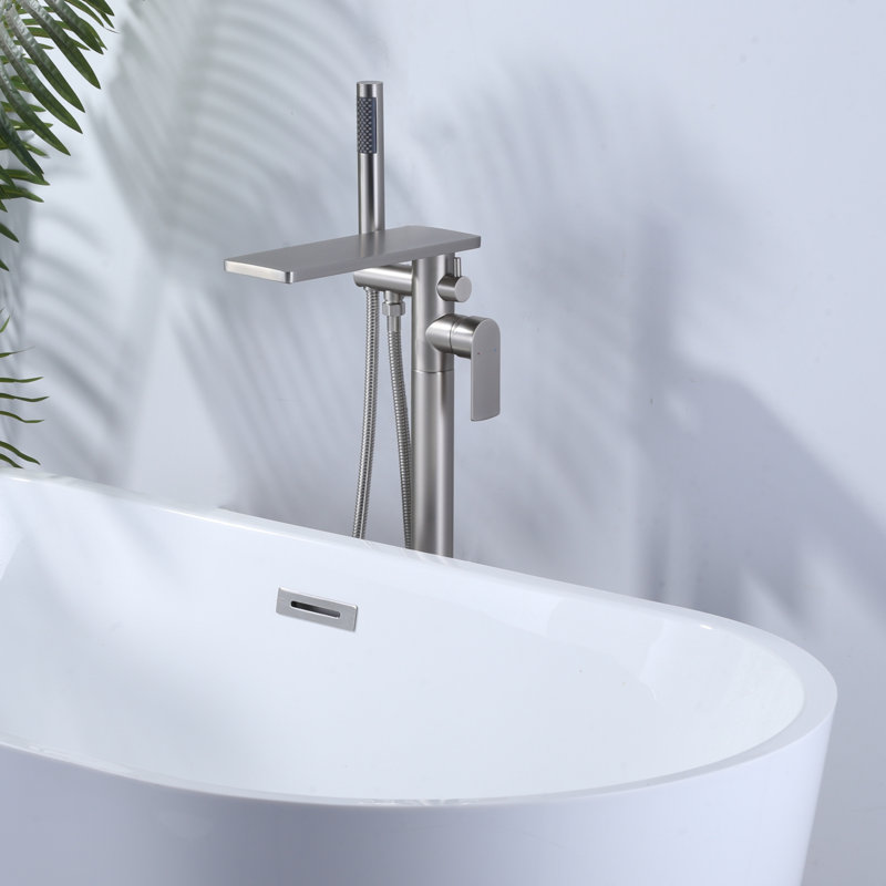 Waterfall Single Handle Floor Mount Freestanding Tub Filler Brass Bathtub Faucet With Handheld Shower And Hose