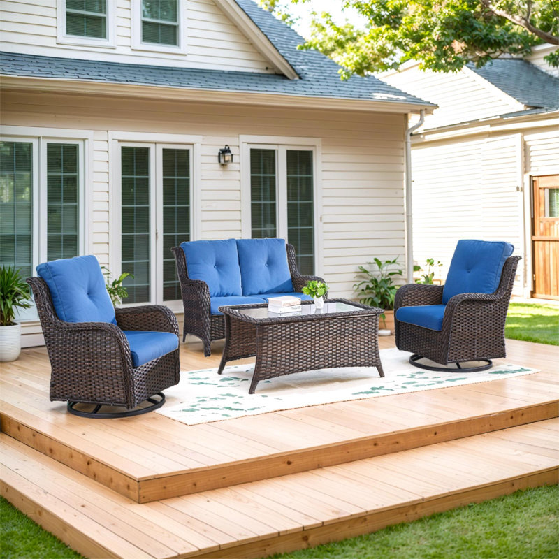 Carolina 4-Person Square Outdoor Conversation Set With Loveseat And Swivel Glide Chair, Blue