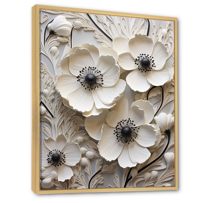 Décoration murale blanche renoncules blancs sur beige II - renoncules, Cadre naturel flottant, H 44 po x l 34 po x P 1,5 po