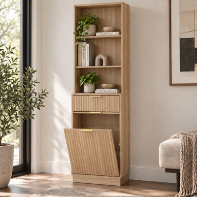 Armoire de rangement haute et étroite avec compartiment poubelle basculant, meuble de rangement de cuisine en noyer cannelé avec tiroir et étagères ouvertes